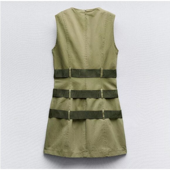 Zara Short Waxed Dress With Belts Cargo Military Green S 5427/301 New - Picture 12 of 12